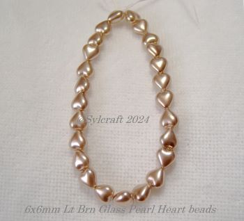6x6mm Light Brown Tan Glass Pearl Heart Beads